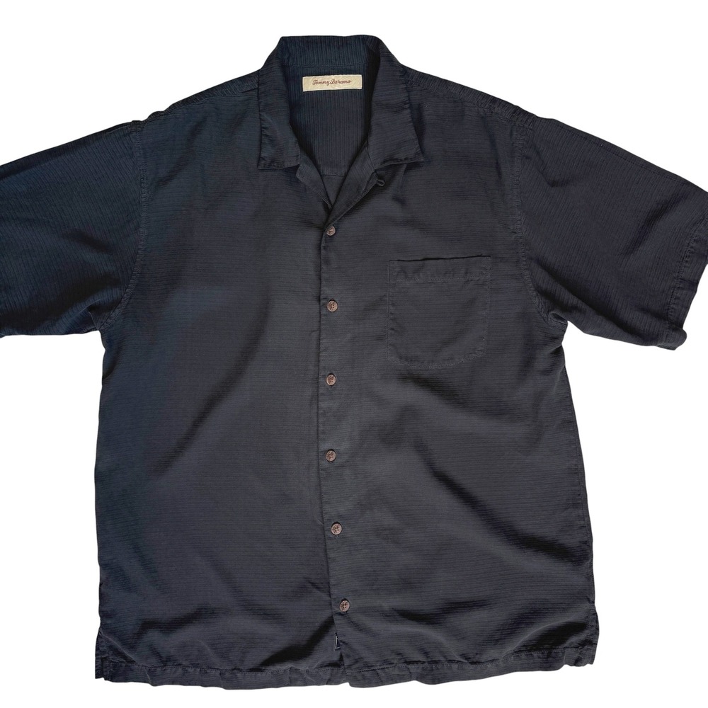 Tommy Bahama Silk Button Up Shirt Mens XL Black Camp Resortwear Coastal Luxury